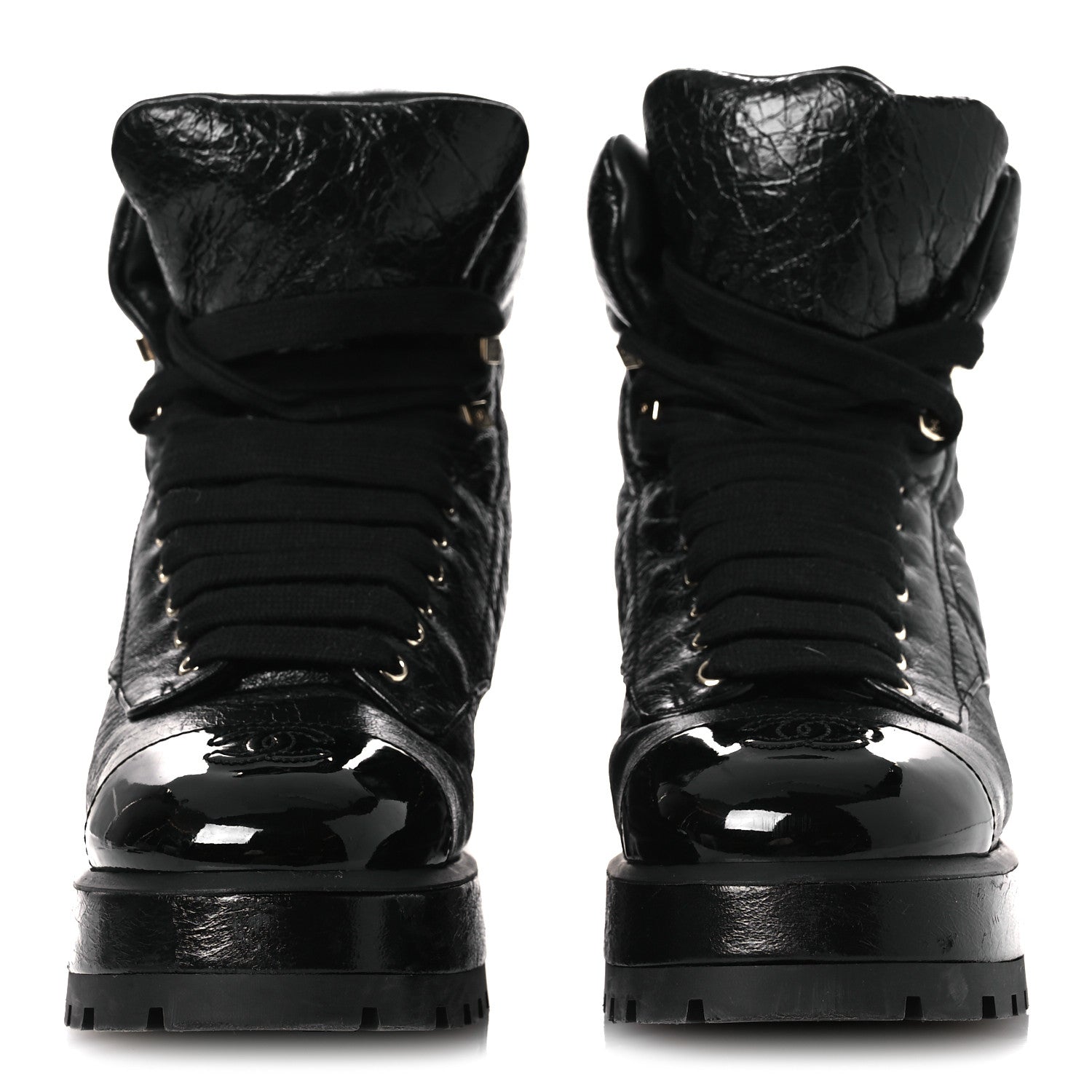 CRUMPLED PATENT LAMBSKIN CALFSKIN QUILTED LACE UP COMBAT BOOTS BLACK