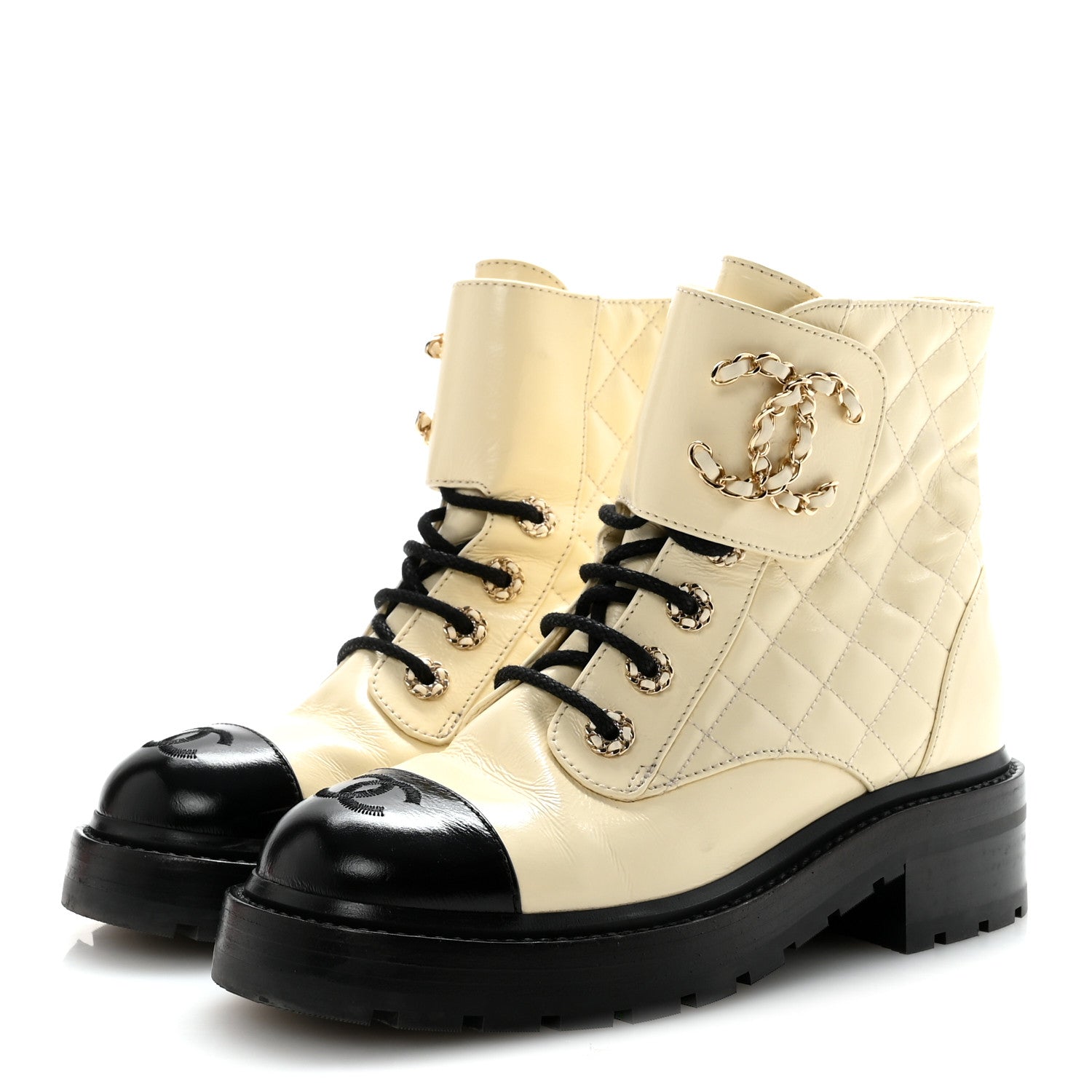 SHINY GOATSKIN CALFSKIN QUILTED LACE UP COMBAT BOOTS IVORY BLACK