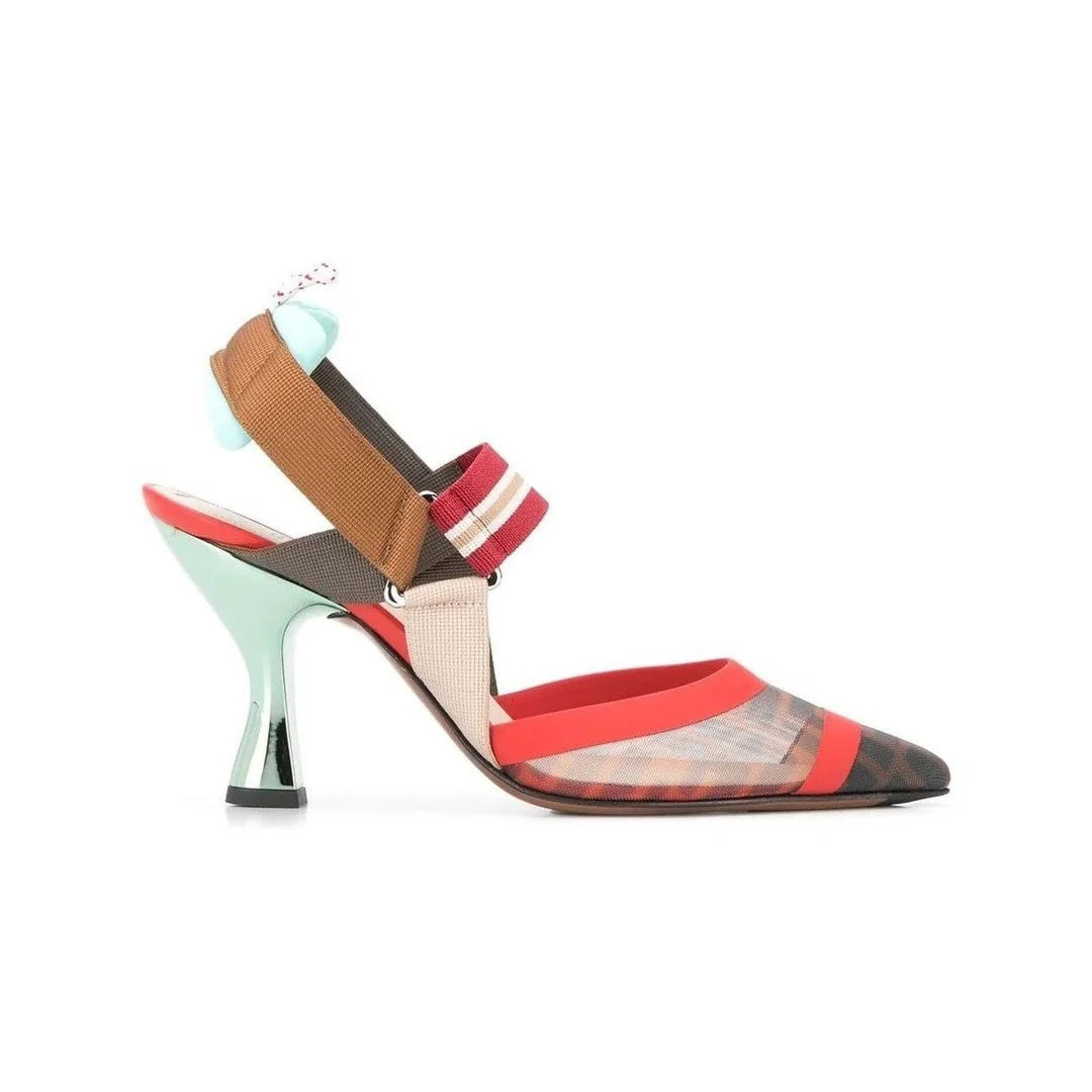 Fendi 85mm Colibrì Mixed-Media Iconic Slingback Pumps - Red/Brown
