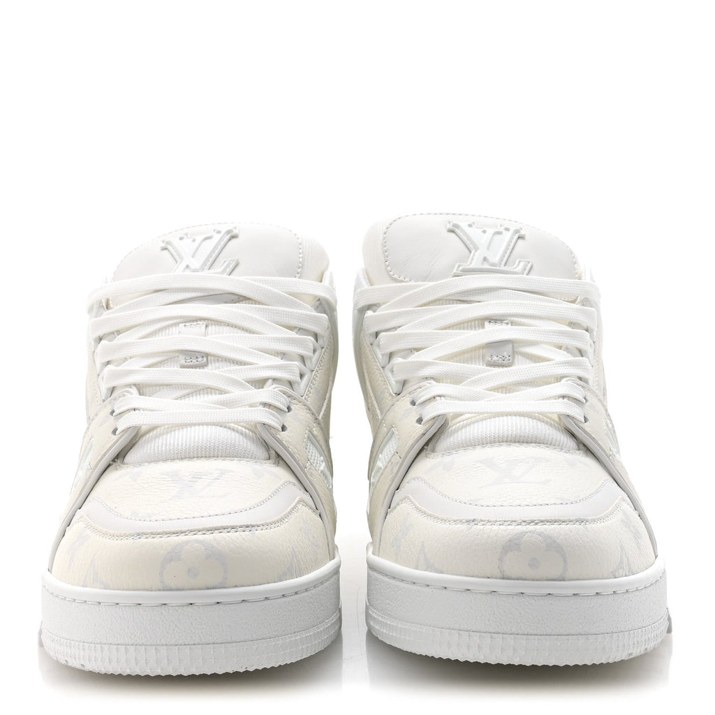 LOUIS VUITTON CALFSKIN EMBOSSED MONOGRAM DENIM LV TRAINER SNEAKERS LIGHT BLUE & WHITE