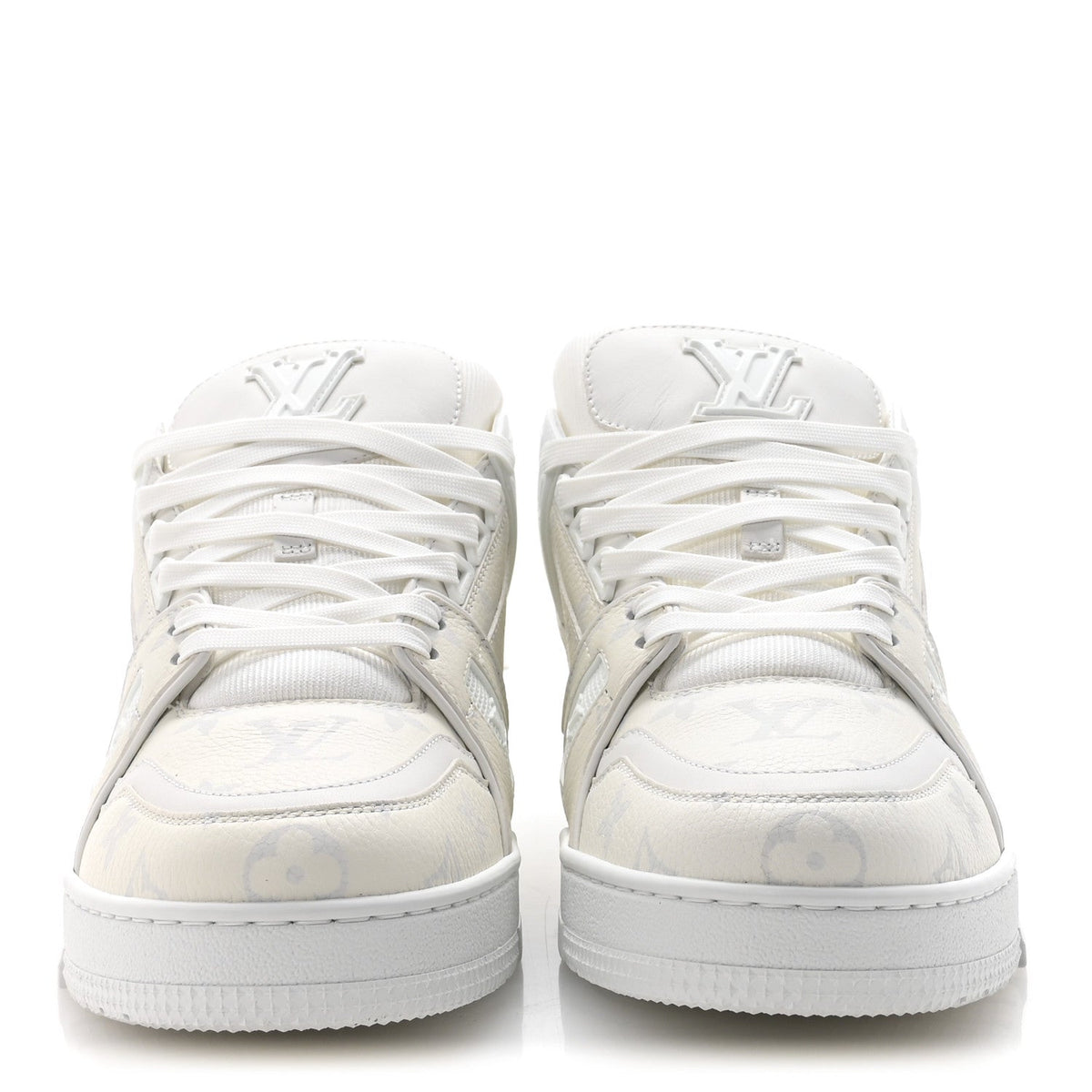 LOUIS VUITTON CALFSKIN EMBOSSED MONOGRAM DENIM LV TRAINER SNEAKERS LIGHT BLUE & WHITE