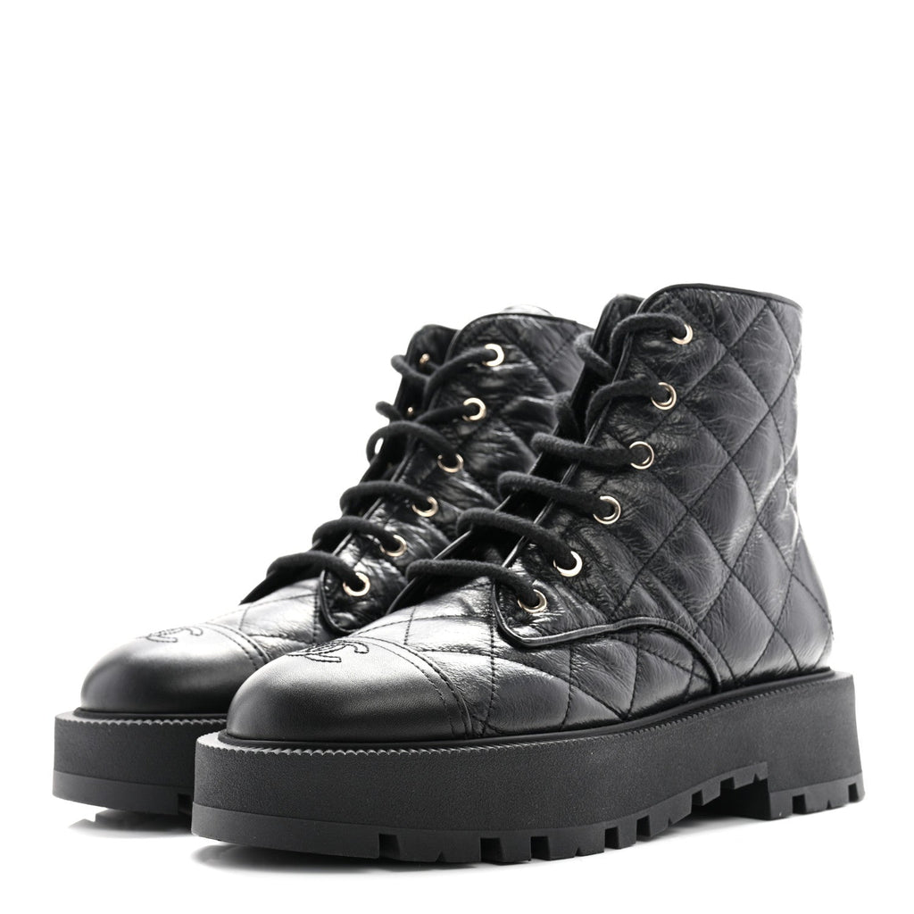 CRUMPLED LAMBSKIN QUILTED PLATFORM LACE UP COMBAT BOOTS BLACK