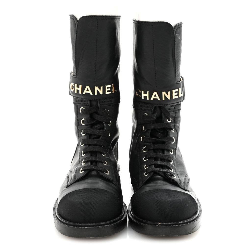 SHINY CALFSKIN LACE UP COMBAT BOOTS BLACK