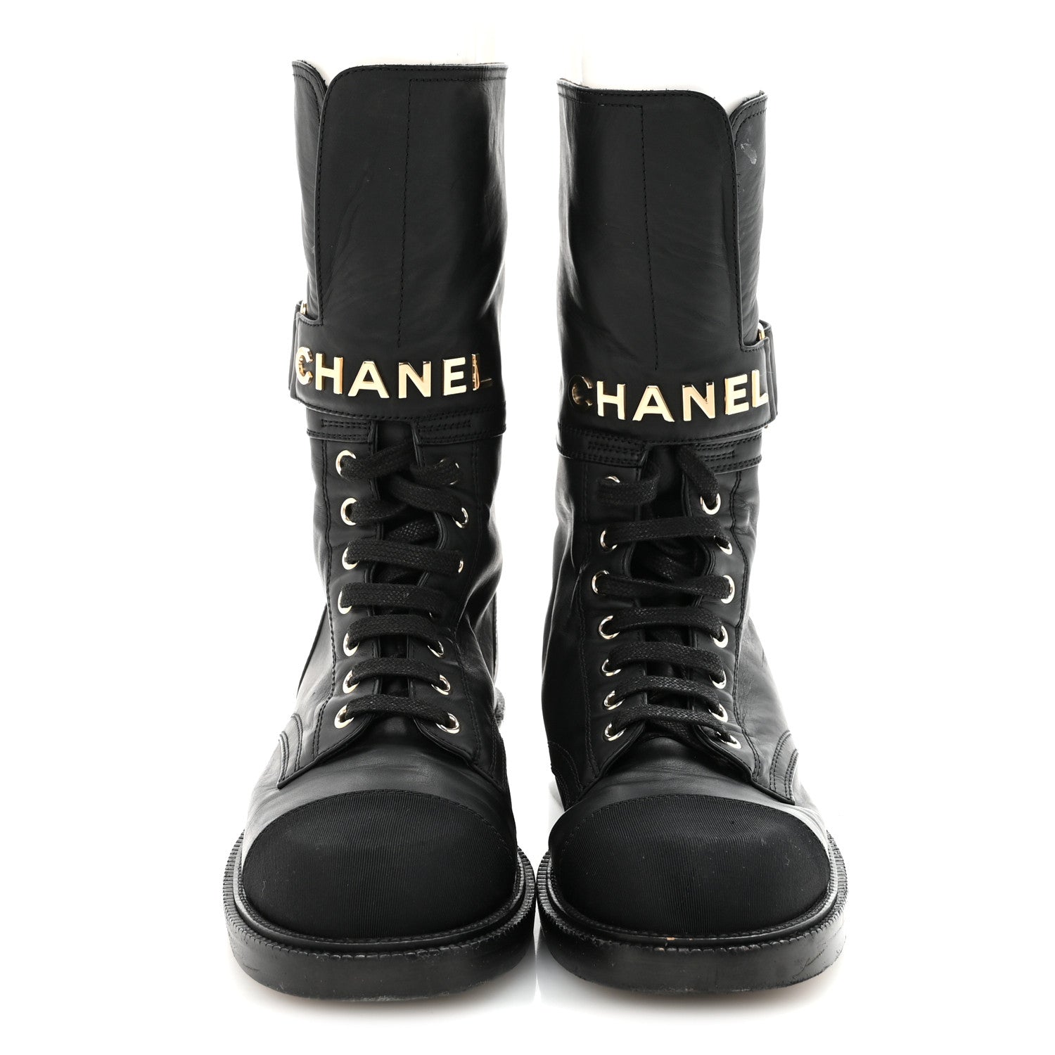 SHINY CALFSKIN LACE UP COMBAT BOOTS BLACK