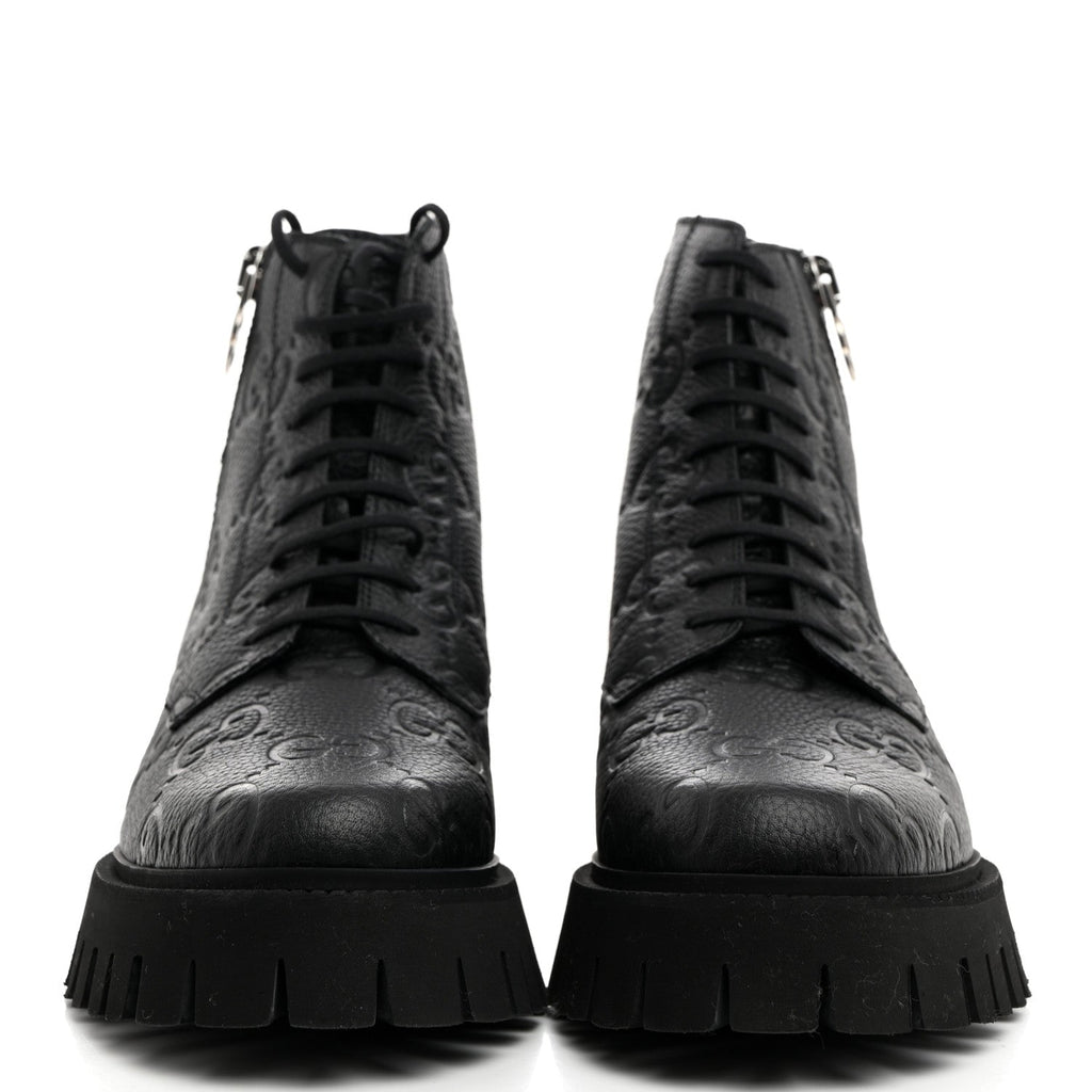 CALFSKIN EMBOSSED MONOGRAM LACE UP ANKLE BOOTS BLACK