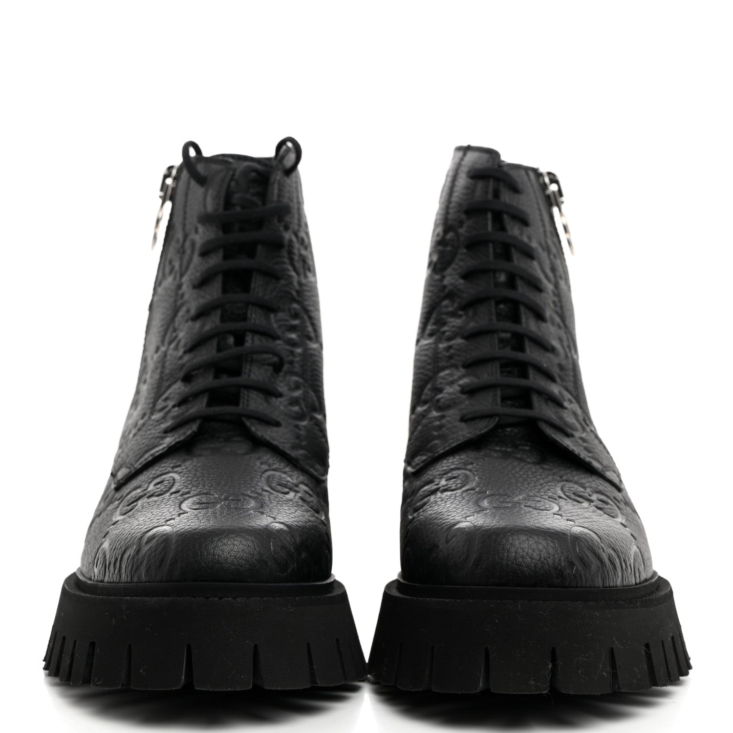 CALFSKIN EMBOSSED MONOGRAM LACE UP ANKLE BOOTS BLACK