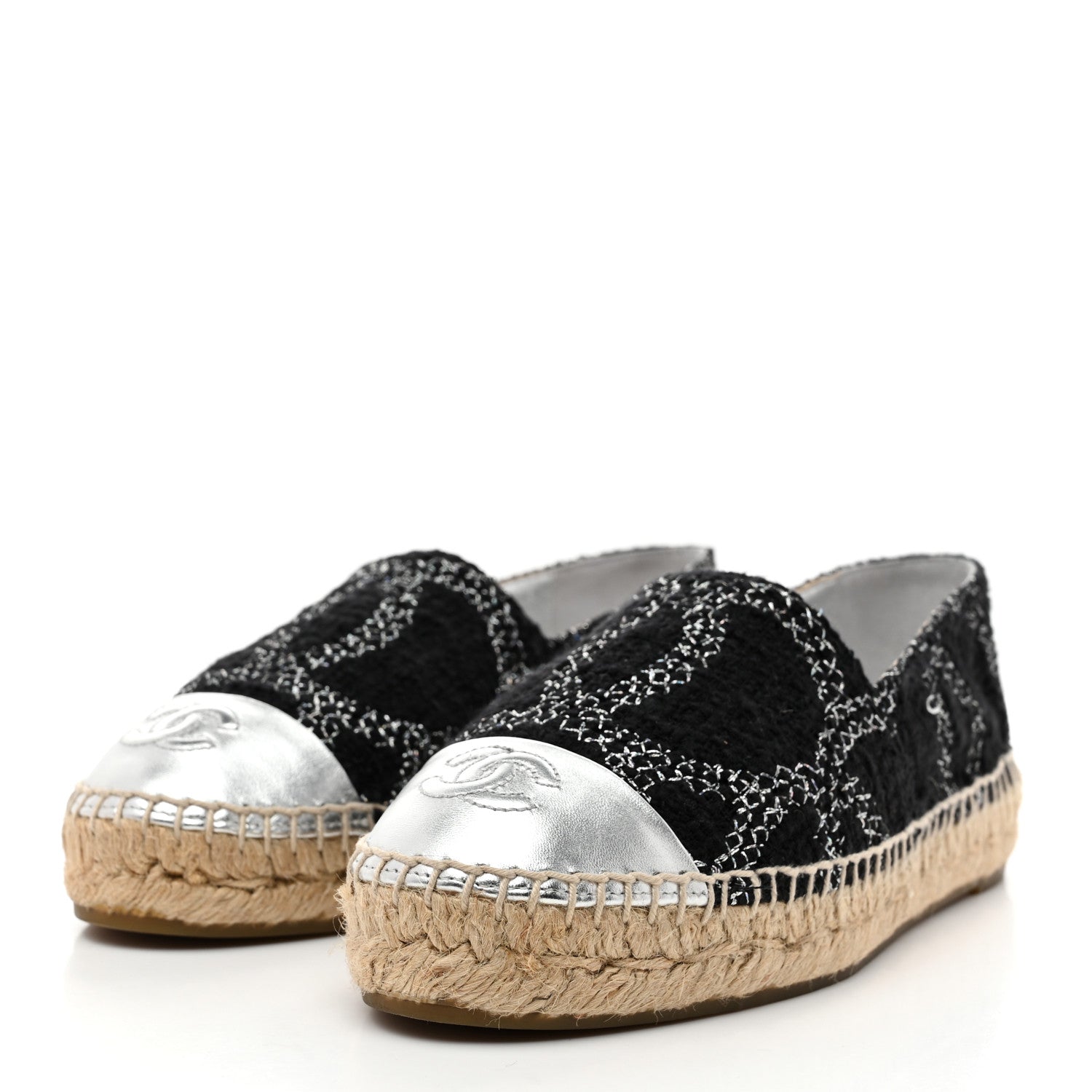 METALLIC TWEED LAMBSKIN CC ESPADRILLES BLACK SILVER