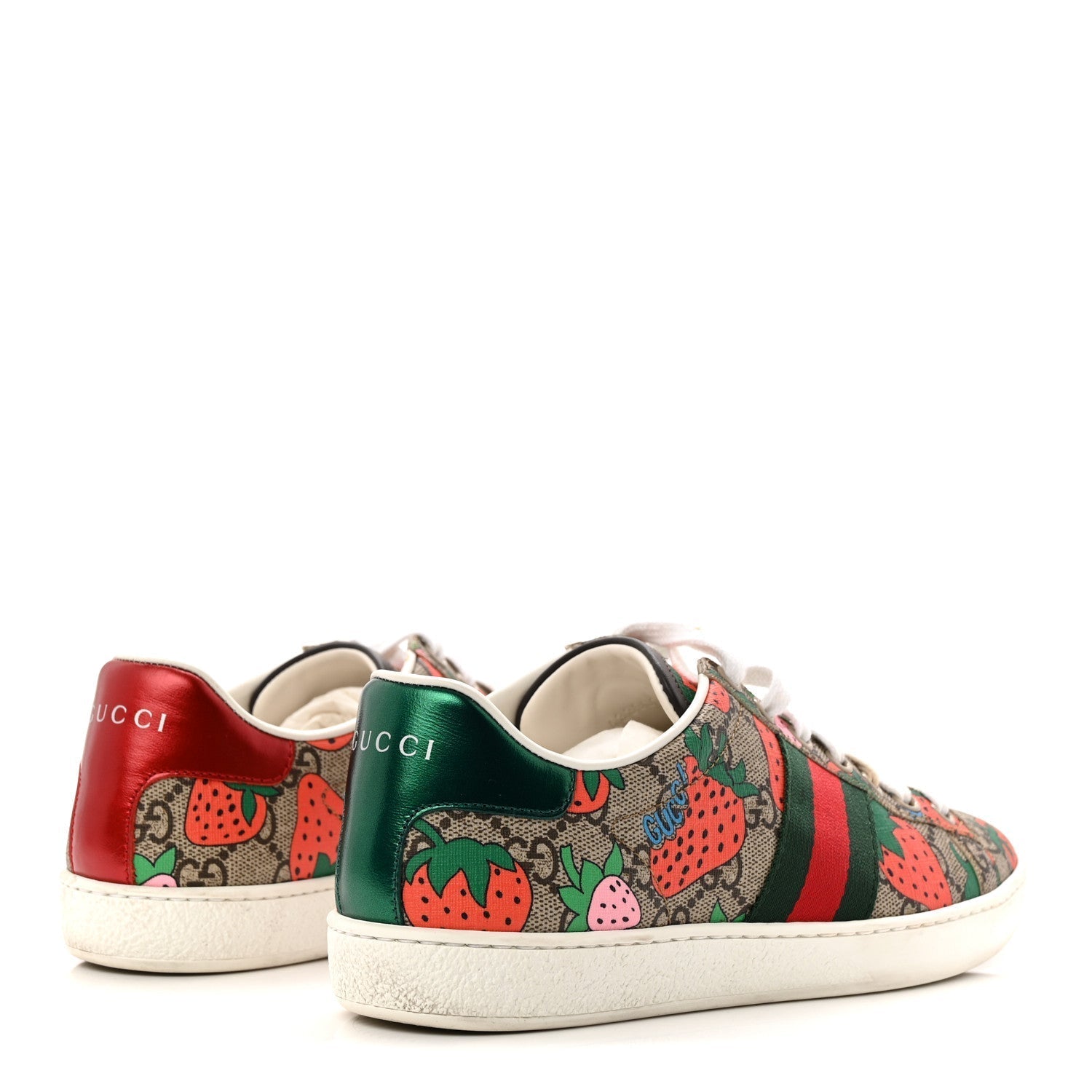 GG SUPREME MONOGRAM STRAWBERRY WEB WOMENS ACE SNEAKERS BEIGE MULTICOLOR RED GREEN
