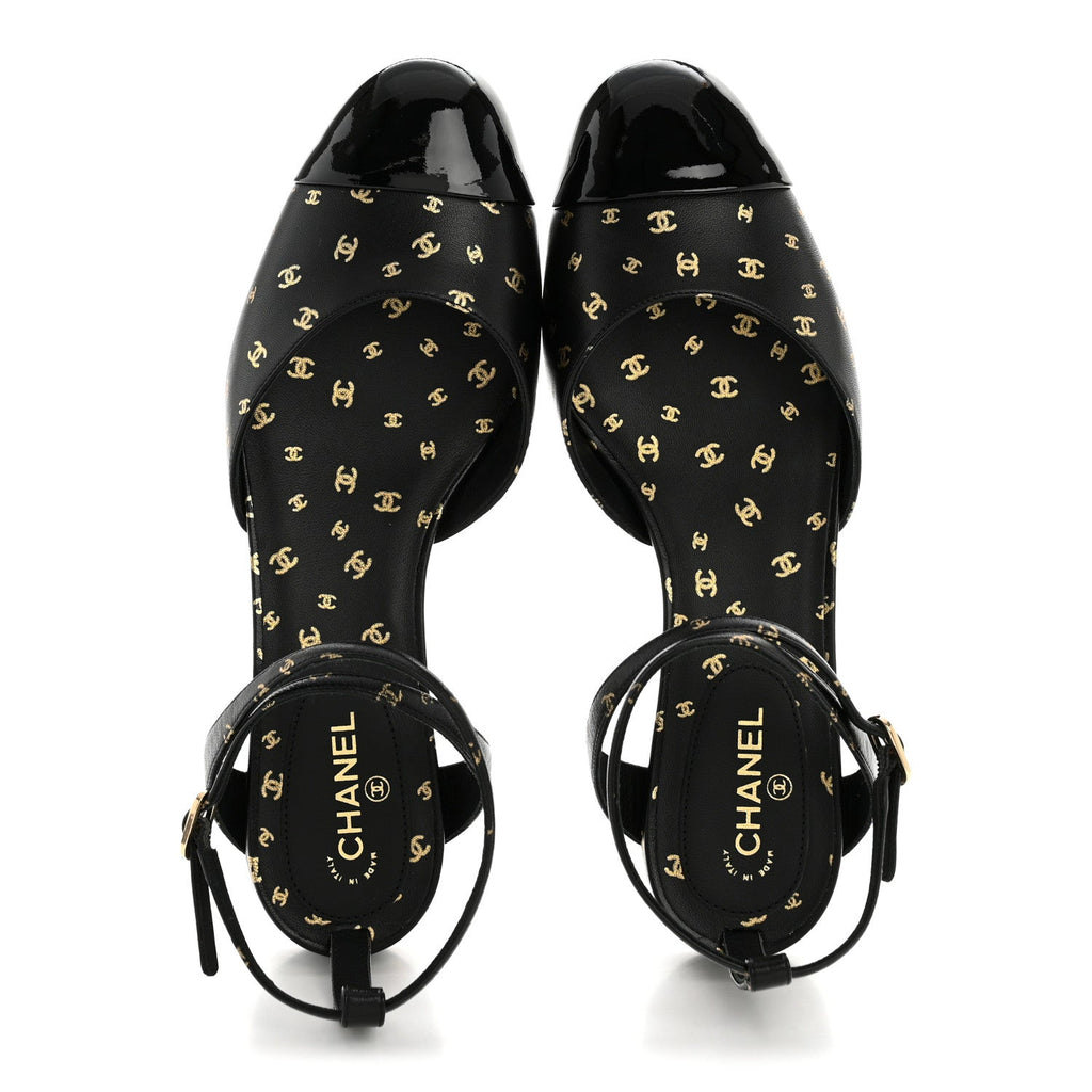 PRINTED LAMBSKIN PATENT CALFSKIN CAP TOE CC SLINGBACKS BLACK GOLD
