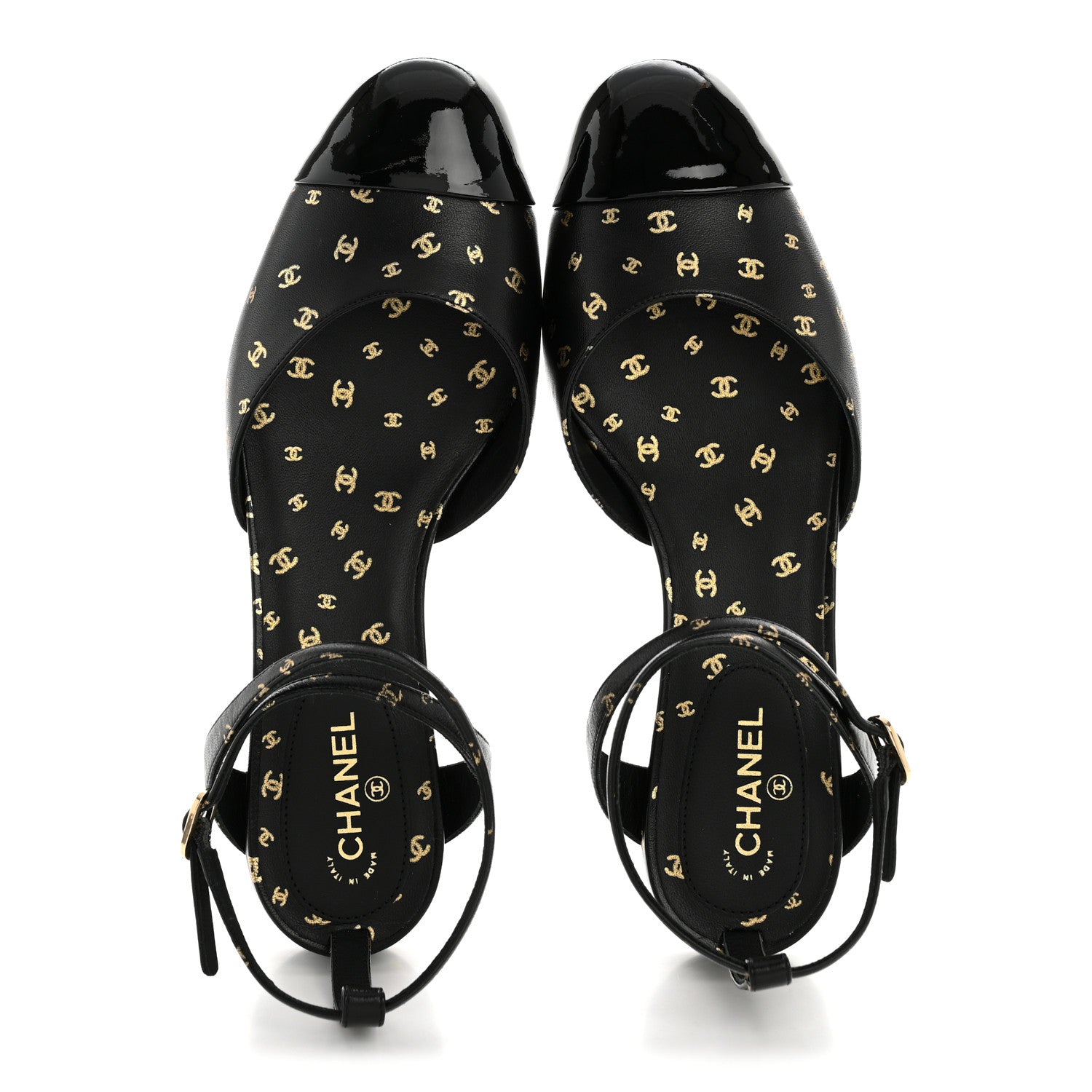 PRINTED LAMBSKIN PATENT CALFSKIN CAP TOE CC SLINGBACKS BLACK GOLD