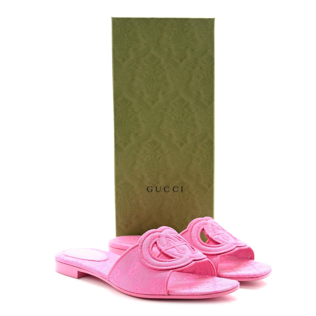 CANVAS INTERLOCKING G WOMENS SLIDE SANDALS BLOSSOM ROSE