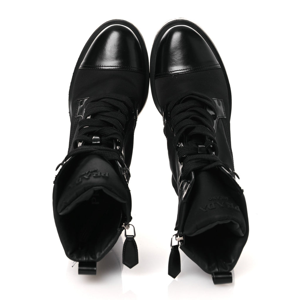 SPAZZOLATO RE-NYLON METAL TRIANGLE LOGO LACE UP 55MM ANKLE BOOTS BLACK