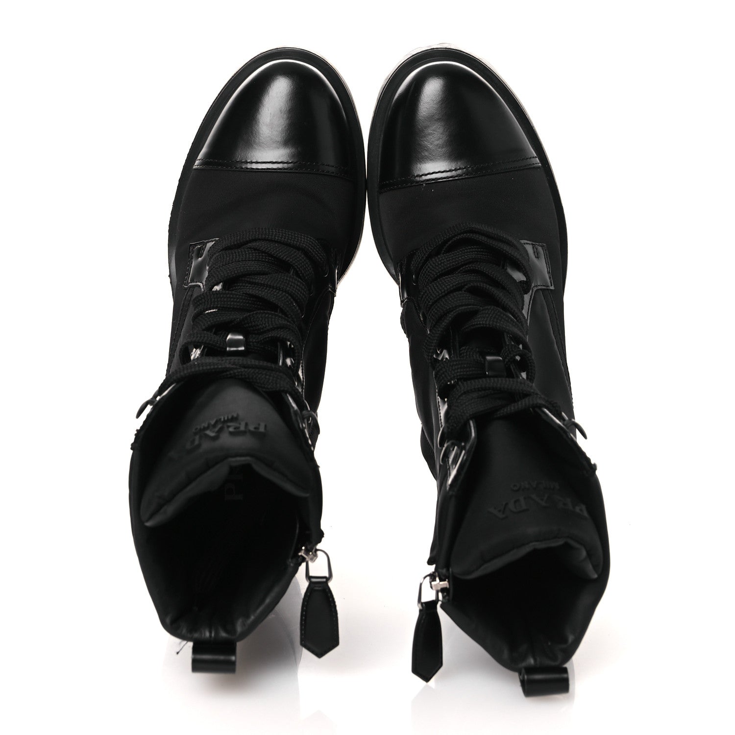 SPAZZOLATO RE-NYLON METAL TRIANGLE LOGO LACE UP 55MM ANKLE BOOTS BLACK