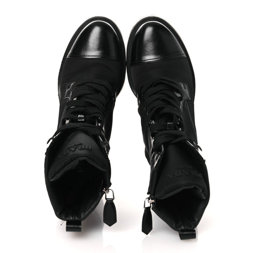 SPAZZOLATO RE-NYLON METAL TRIANGLE LOGO LACE UP 55MM ANKLE BOOTS BLACK