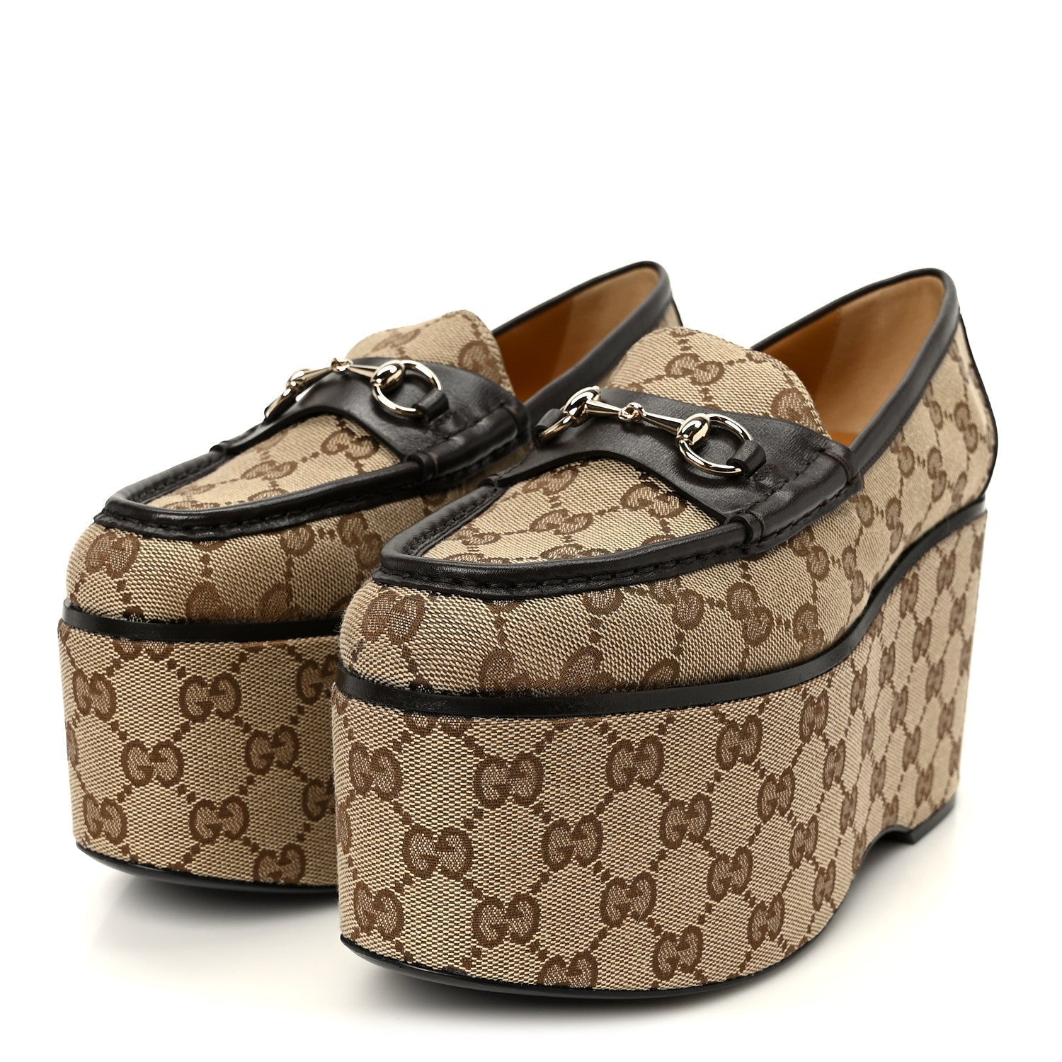 CANVAS GG MONOGRAM HORSEBIT CALFSKIN WOMENS HORSEBIT PLATFORM LOAFERS BEIGE EBONY COCOA