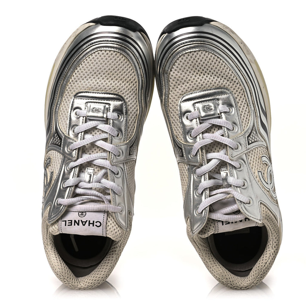 FABRIC LAMINATED CALFSKIN STRETCH CC SNEAKERS WHITE SILVER