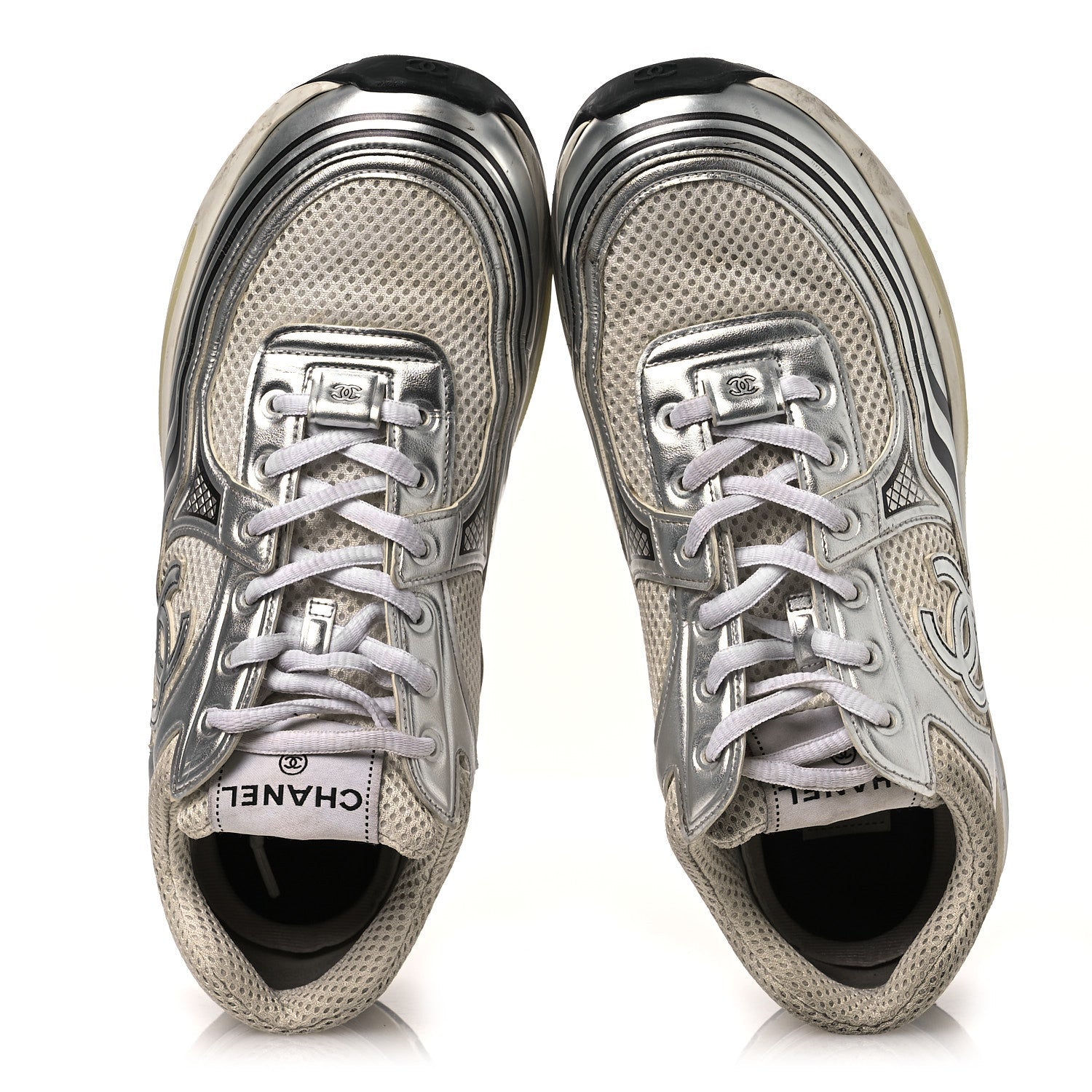 FABRIC LAMINATED CALFSKIN STRETCH CC SNEAKERS WHITE SILVER