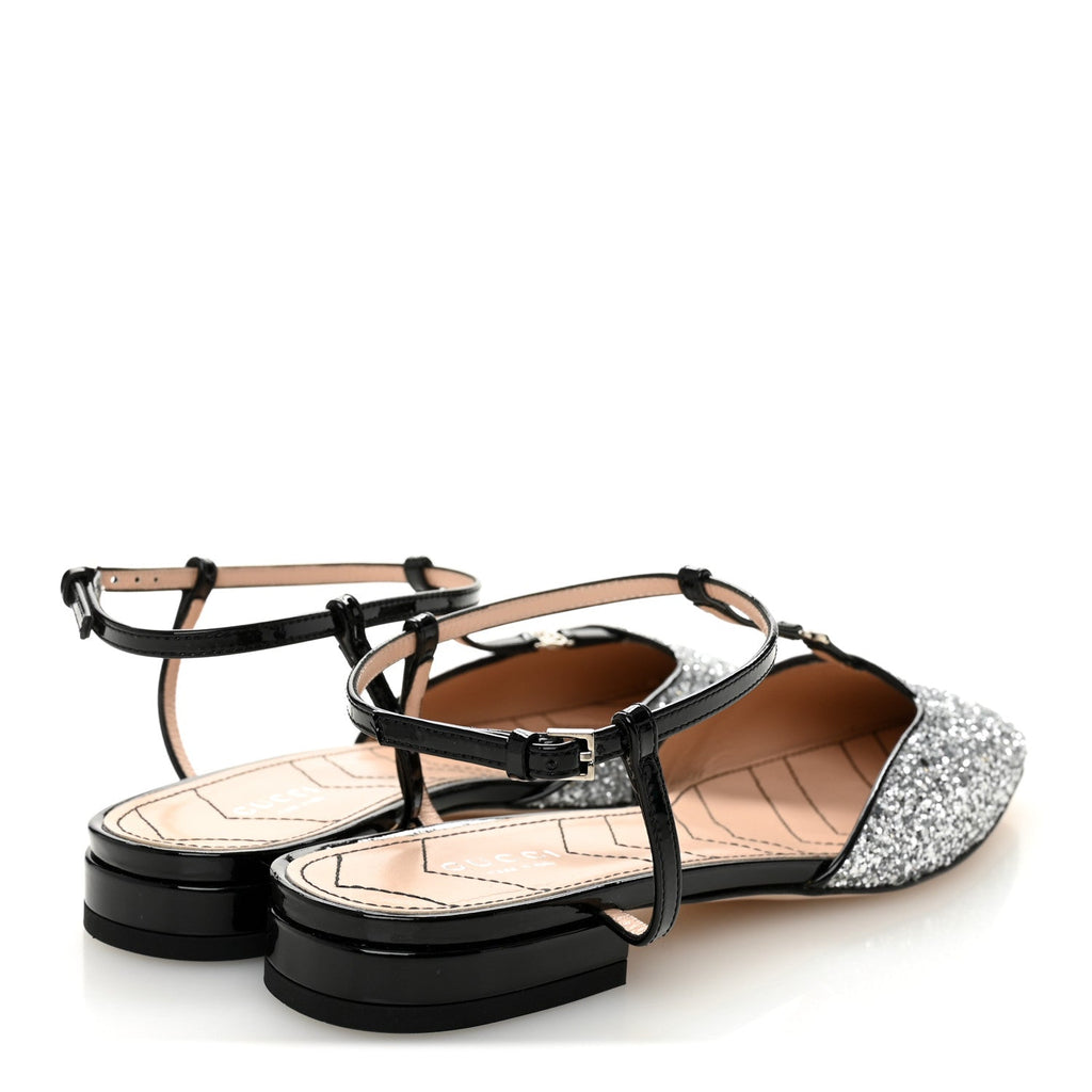 CALFSKIN GLITTER DOUBLE G SLINGBACK FLATS SILVER BLACK