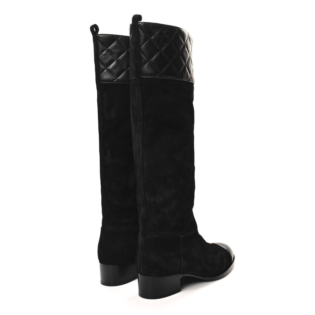 SUEDE CALFSKIN LAMBSKIN QUILTED KNEE HIGH BOOTS BLACK