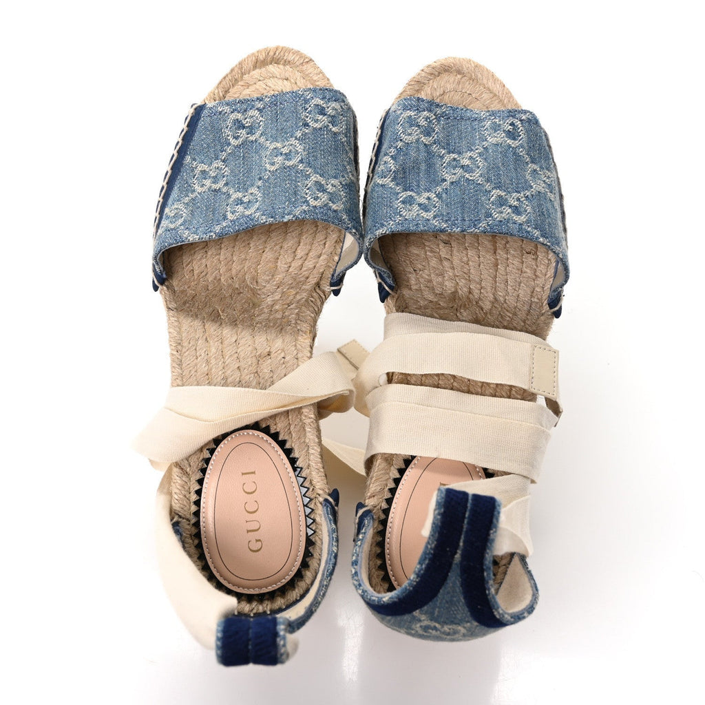NEW DENIM GG MONOGRAM PILAR ANKLE WRAP ESPADRILLE WEDGE SANDALS LIGHT BLUE
