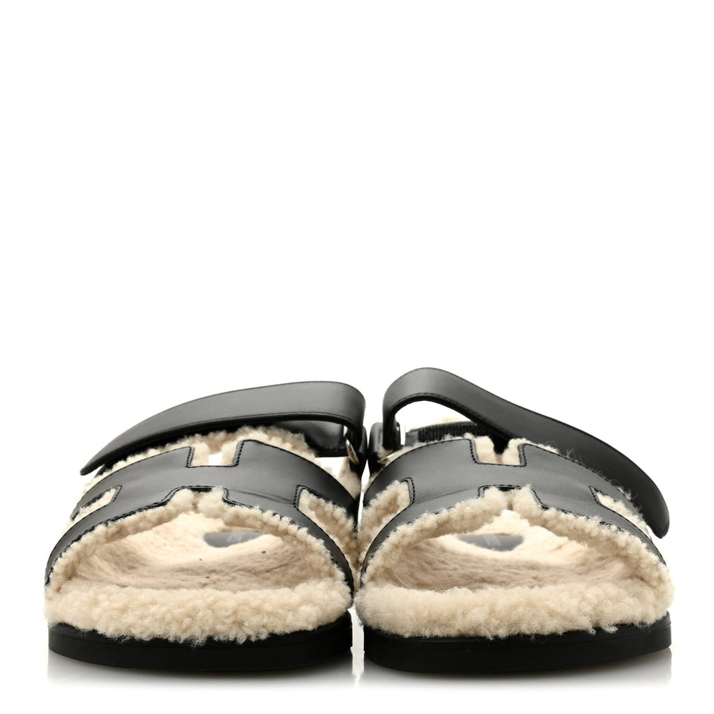 CALFSKIN WOOLSKIN WOMENS CHYPRE SANDALS BLACK ECRU
