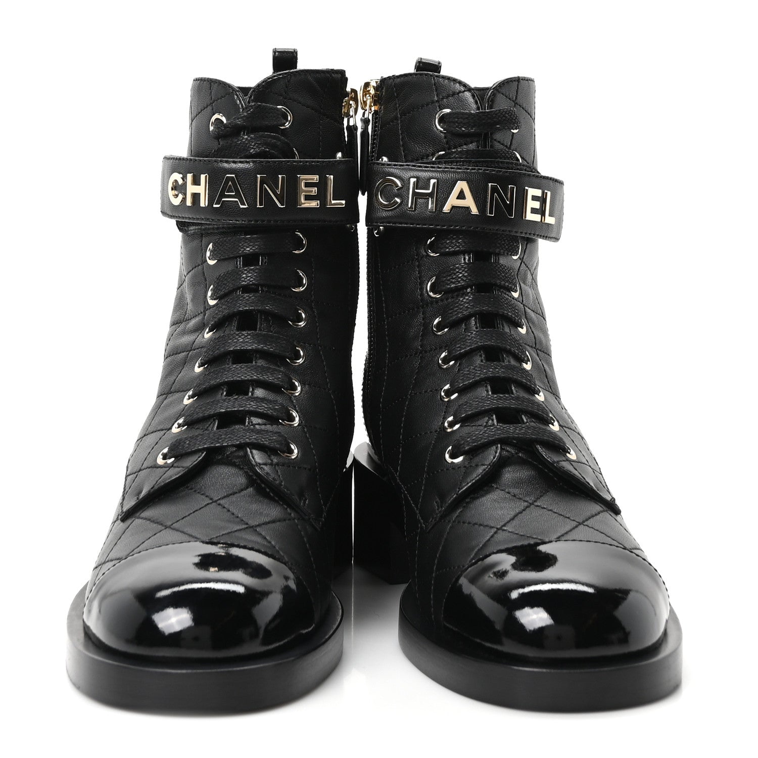 LAMBSKIN PATENT CALFSKIN QUILTED LOGO LACE UP COMBAT BOOTS BLACK