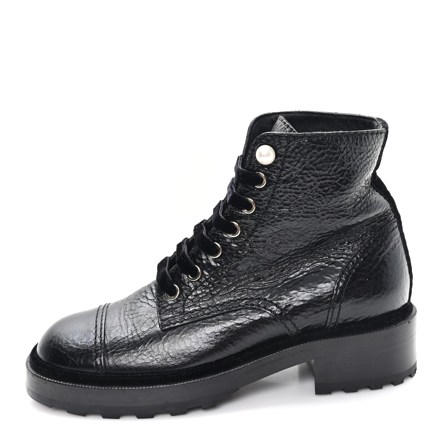 SHINY CALFSKIN VELVET PEARL COMBAT SHORT BOOTS BLACK