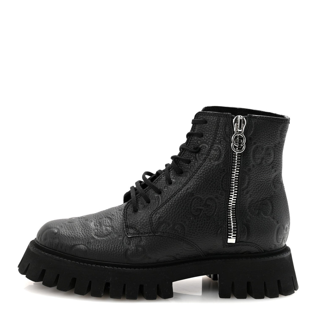 CALFSKIN EMBOSSED MONOGRAM MENS LACE UP ANKLE BOOTS BLACK