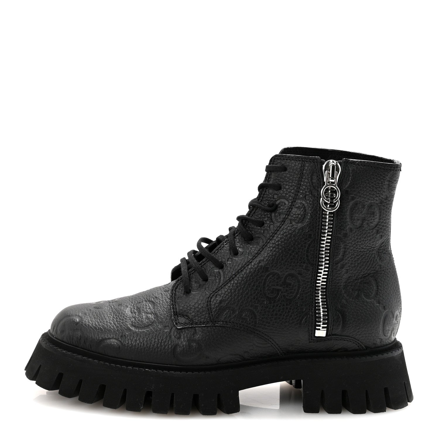 CALFSKIN EMBOSSED MONOGRAM MENS LACE UP ANKLE BOOTS BLACK