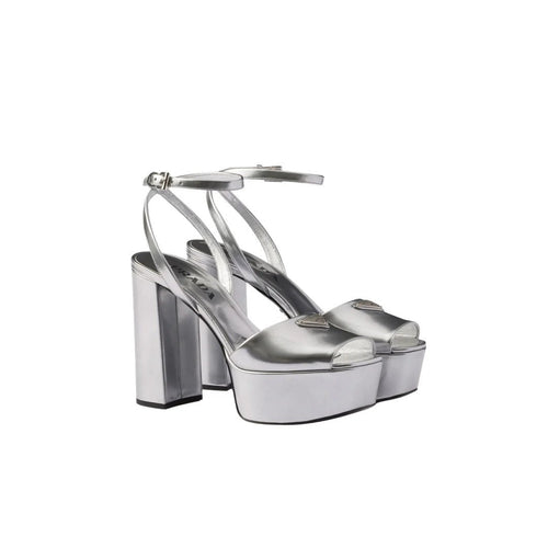 Prada Leather Metallic Sandals - Silver platform heels