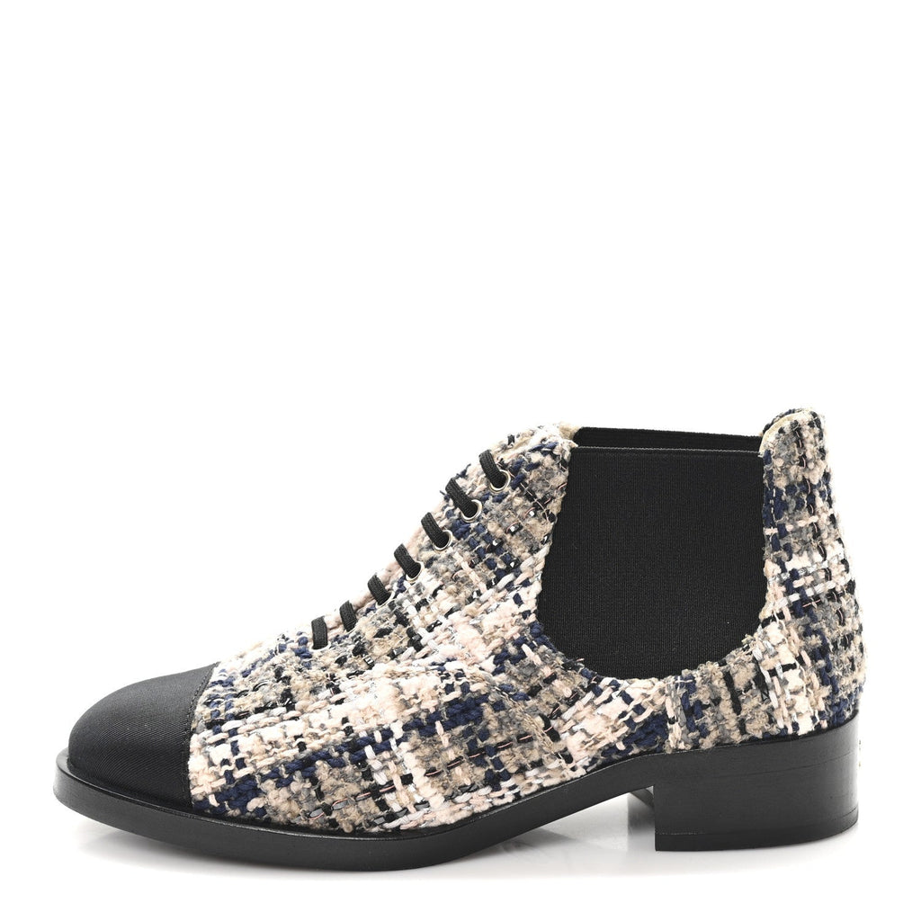 TWEED CALFSKIN PEARL COMBAT SHORT BOOTS BEIGE PINK BLACK