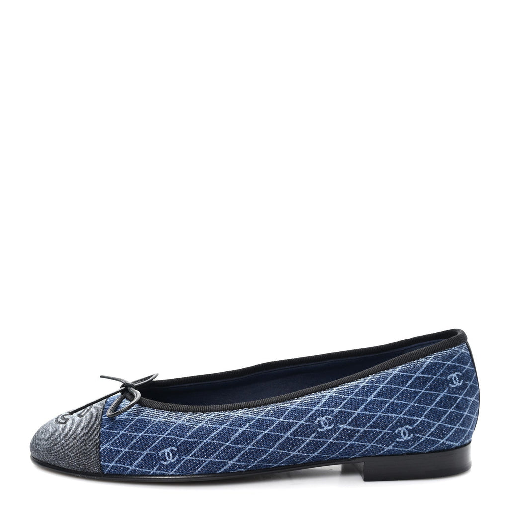 DENIM PRINTED QUILT CC CAP TOE BALLERINA FLATS NAVY BLUE DARK GREY