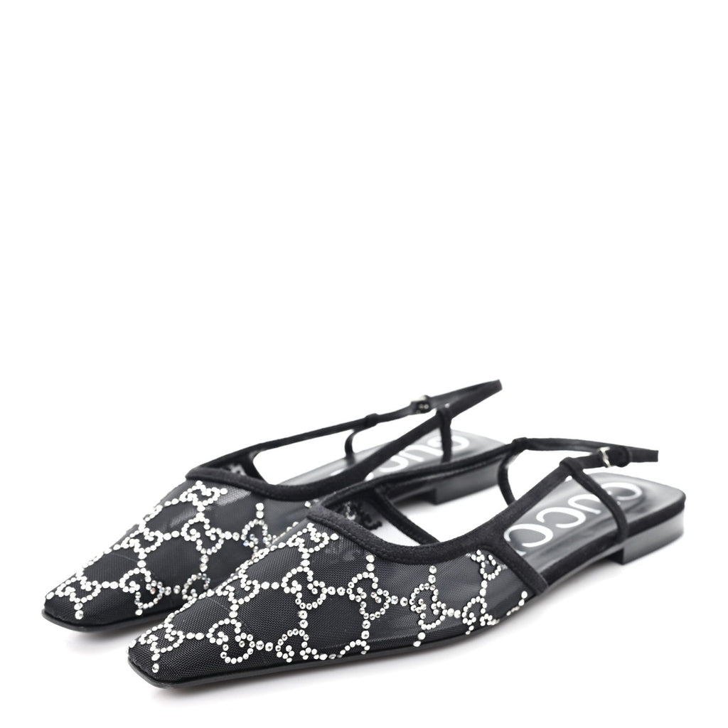 SUEDE MESH CRYSTAL GG MONOGRAM SLINGBACK BALLET FLATS BLACK