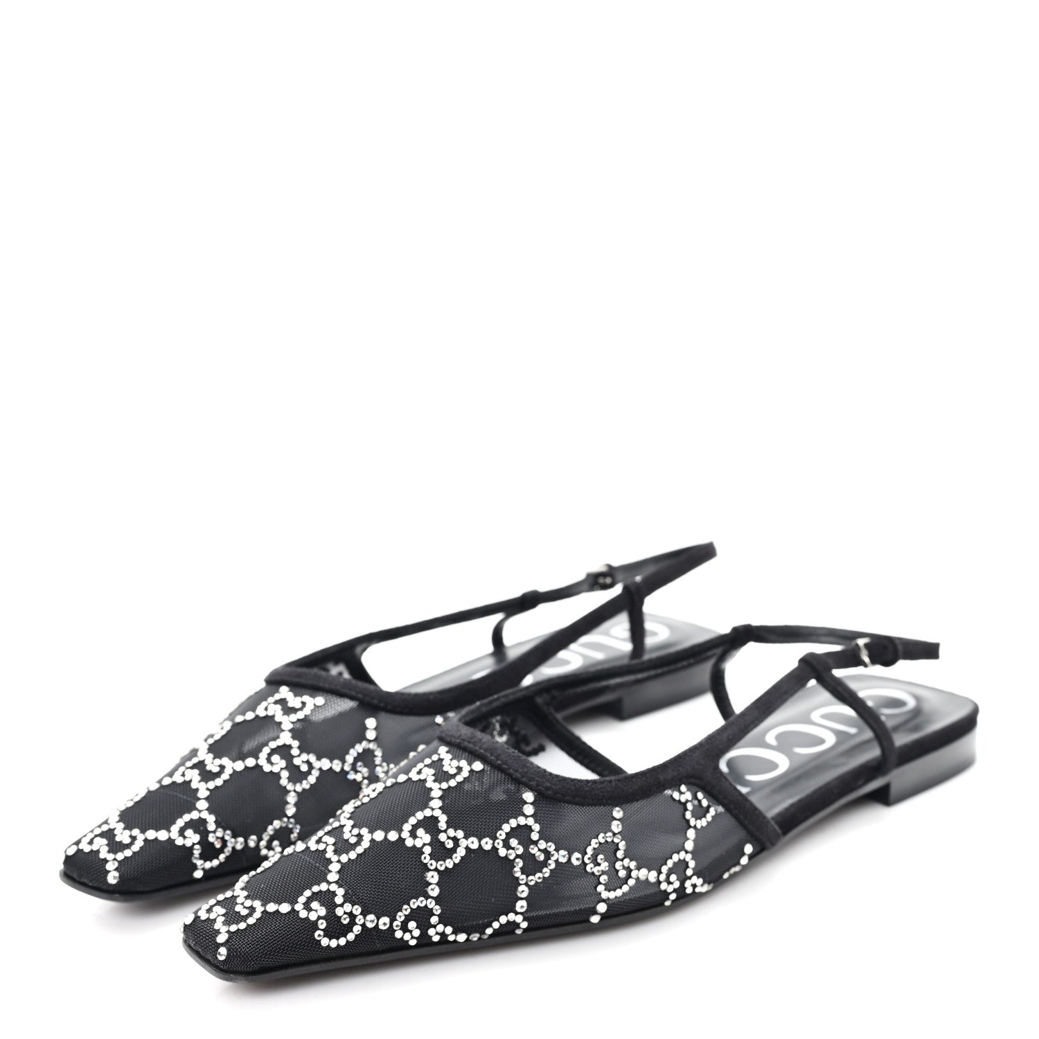 SUEDE MESH CRYSTAL GG MONOGRAM SLINGBACK BALLET FLATS BLACK