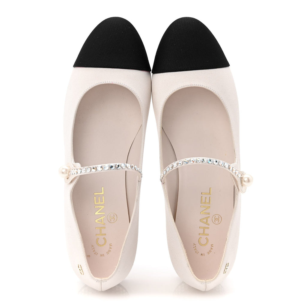 STRASS SATIN GROSGRAIN MARY JANE FLATS IVORY BLACK