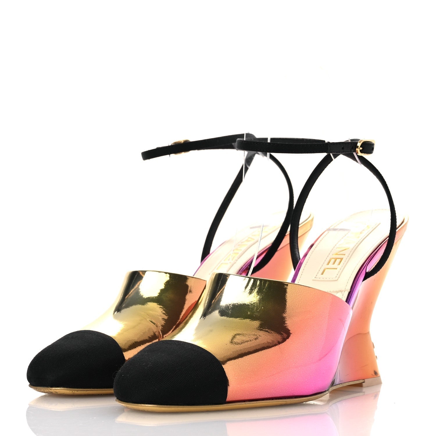 LAMINATED CALFSKIN GROSGRAIN CAP TOE CC WEDGE PUMPS PINK ORANGE YELLOW BLACK