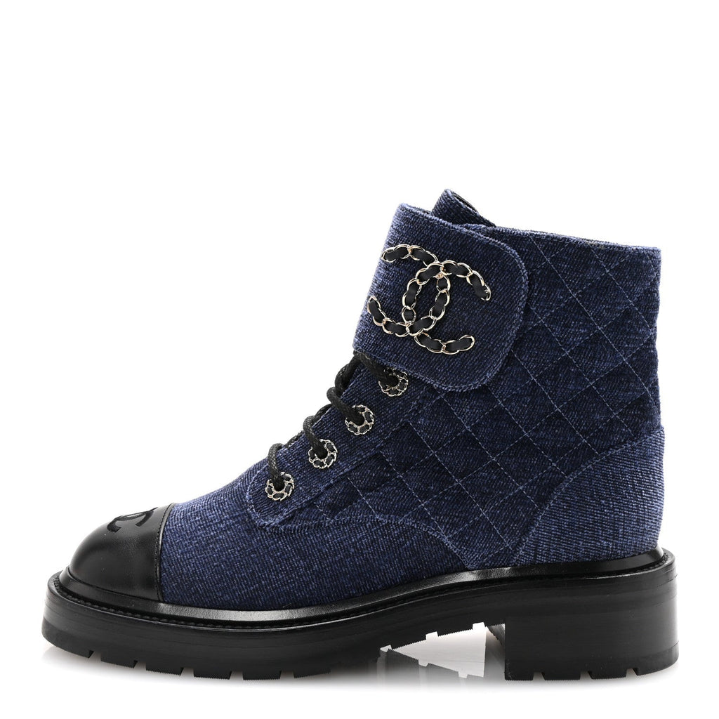 SHINY CALFSKIN VELVET QUILTED LACE UP COMBAT BOOTS BLUE BLACK