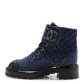 SHINY CALFSKIN VELVET QUILTED LACE UP COMBAT BOOTS BLUE BLACK