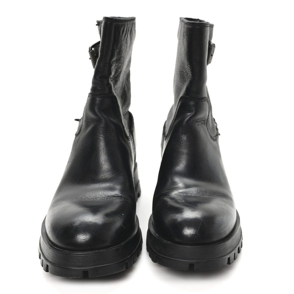 CALFSKIN DOUBLE BUCKLE COMBAT BOOTS BLACK
