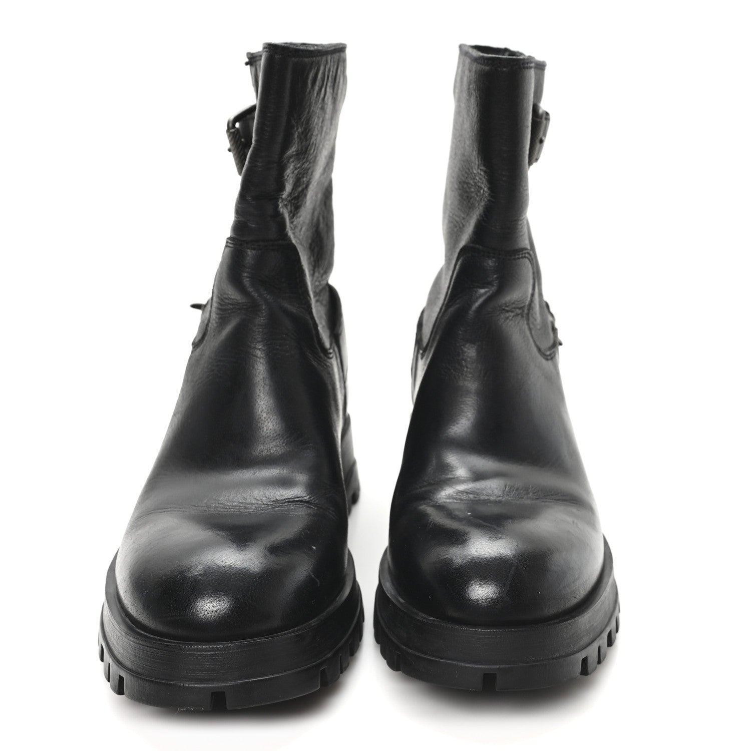 CALFSKIN DOUBLE BUCKLE COMBAT BOOTS BLACK