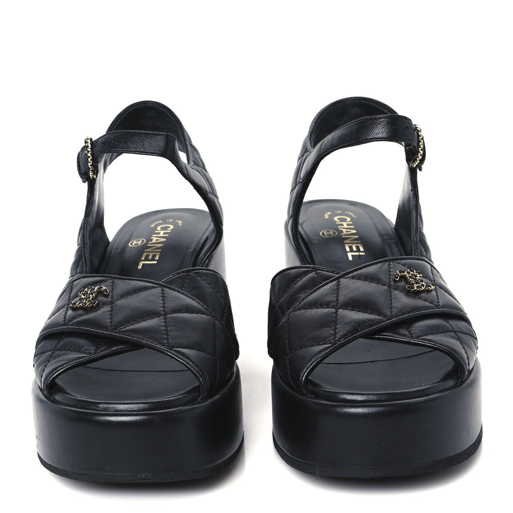 LAMBSKIN QUILTED CC PLATFORM SANDALS BLACK