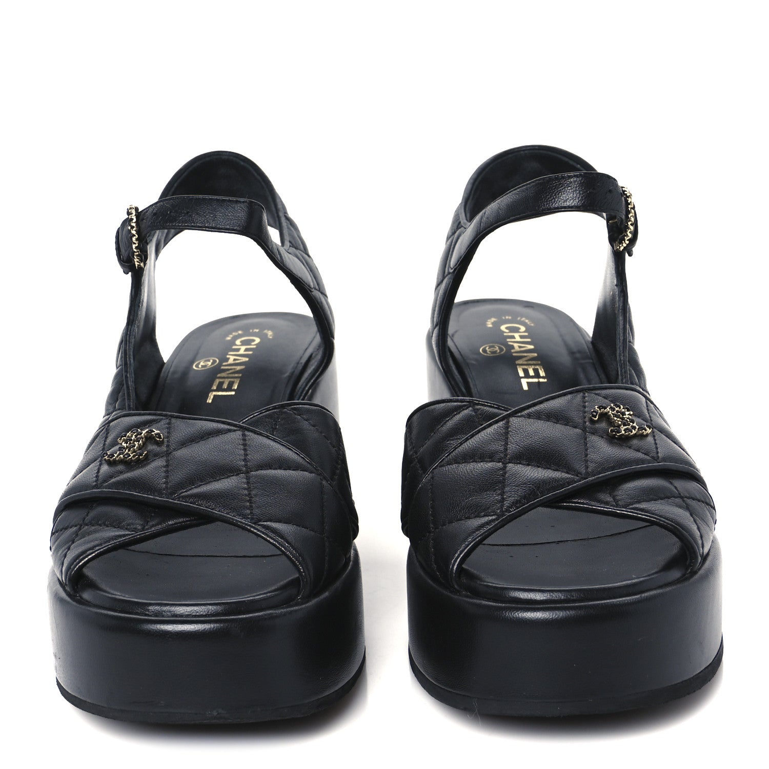 LAMBSKIN QUILTED CC PLATFORM SANDALS BLACK
