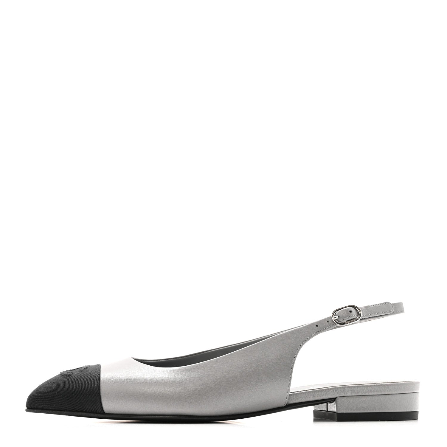 GOATSKIN GROSGRAIN POINTED TOE CC SLINGBACK FLATS GRAY BLACK