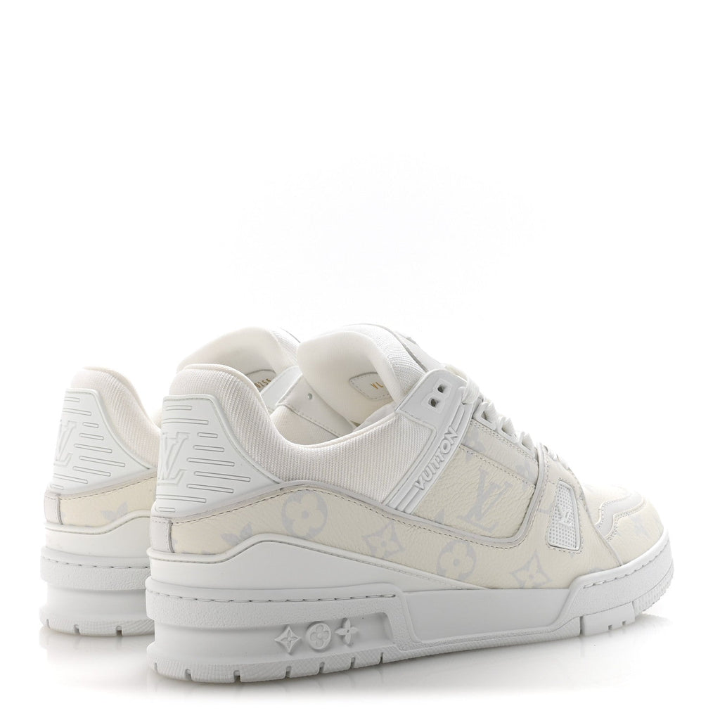LOUIS VUITTON CALFSKIN EMBOSSED MONOGRAM DENIM LV TRAINER SNEAKERS LIGHT BLUE & WHITE