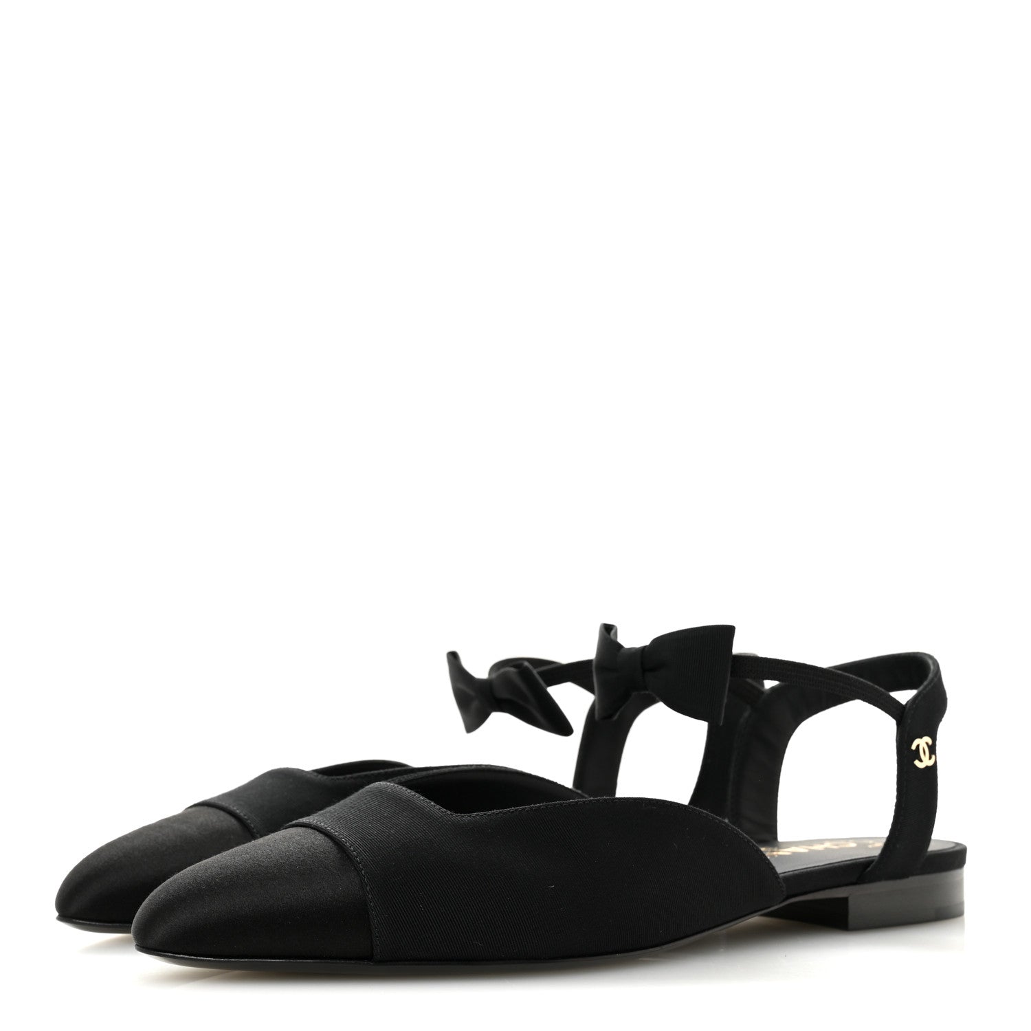 SATIN SLINGBACK CAP TOE BOW FLATS BLACK