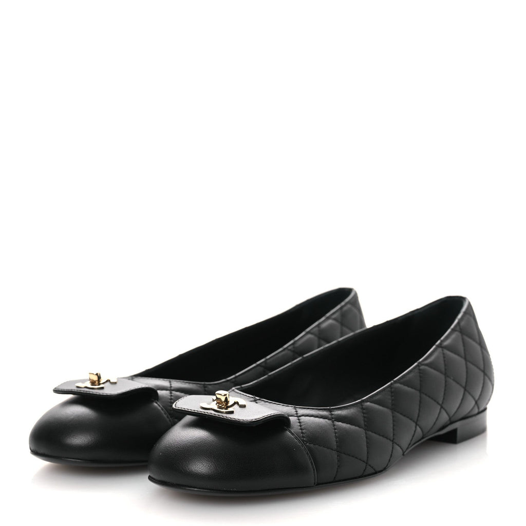 CALFSKIN LAMBSKIN QUILTED CC CAP TOE BALLERINA FLATS BLACK