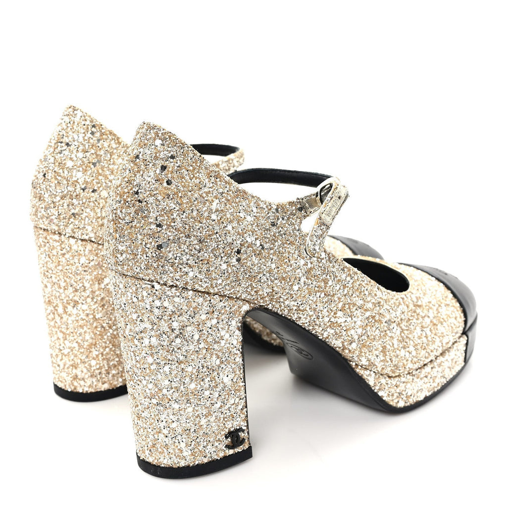GLITTER LAMBSKIN CAP TOE CC MARY JANE PUMPS LIGHT GOLD BLACK