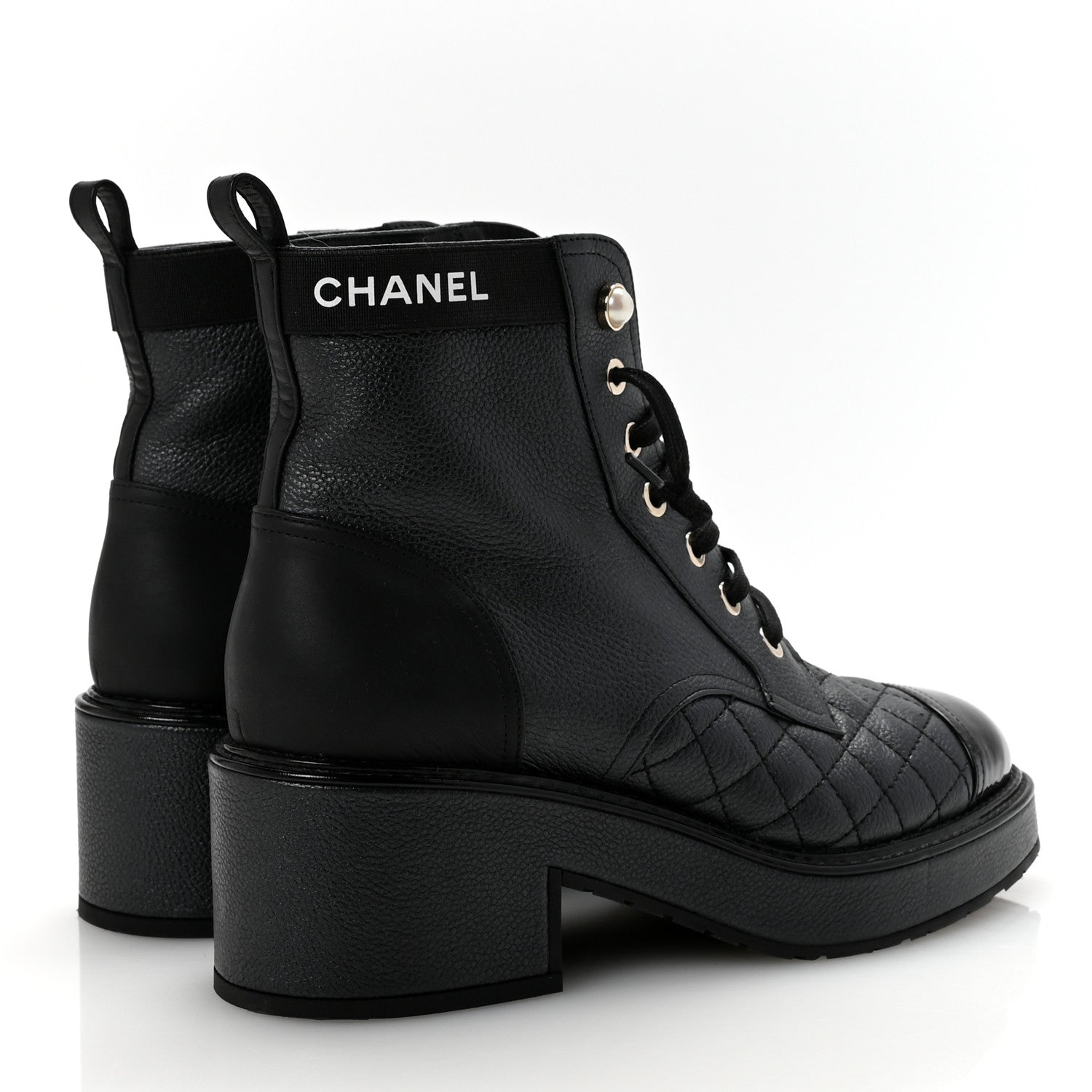 PEARLY CALFSKIN PATENT CALFSKIN LACE UP COMBAT BOOTS BLACK