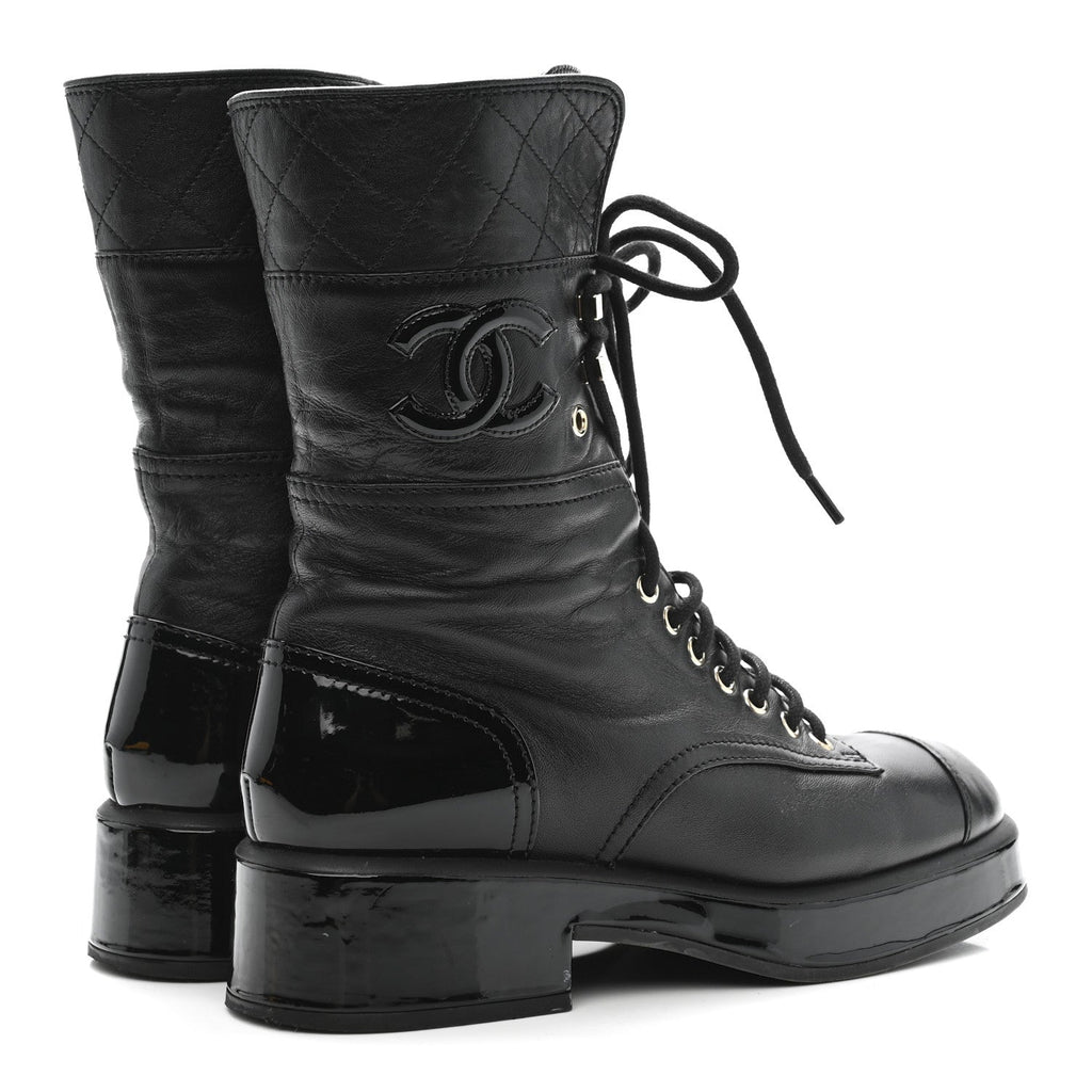 LAMBSKIN PATENT CALFSKIN QUILTED CC LACE UP COMBAT BOOTS BLACK