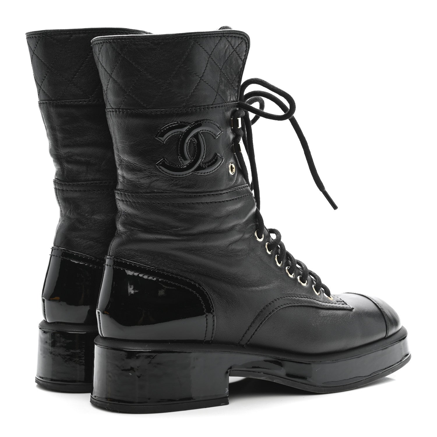 LAMBSKIN PATENT CALFSKIN QUILTED CC LACE UP COMBAT BOOTS BLACK